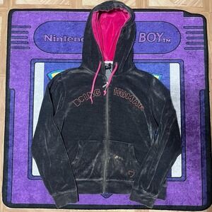 90's y2k Black & pink goth velvet XL emo women's zip up